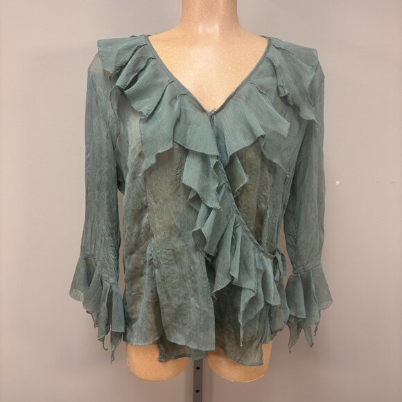 Vintage Jaipar Shirt Large Green V Neck 3/4 Sleeves Sheer Handkerchief Blouse - Picture 1 of 12